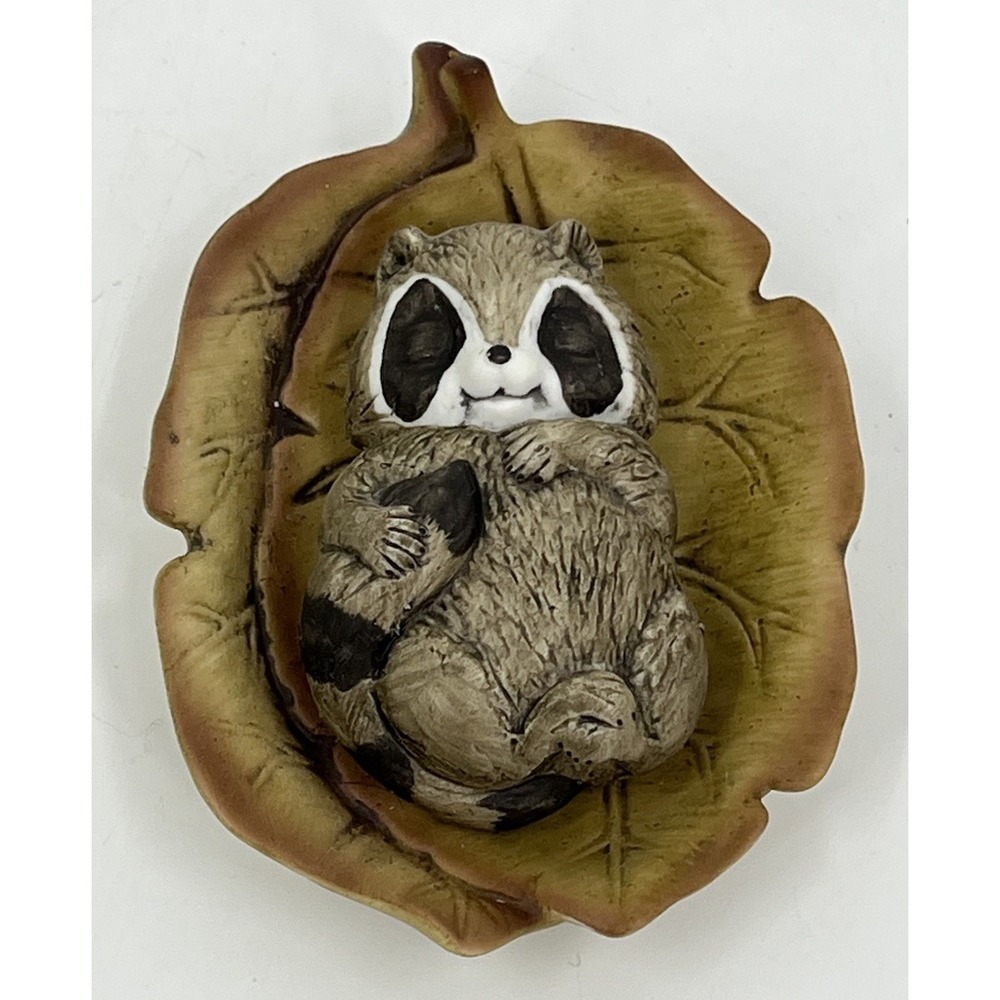 Vintage Global Art Hand Painted Porcelain Art Sleeping Raccoon on Leaf Japan